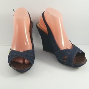 GUESS Blue Denim & Leather Slingback Platforms Size 9.5M. S598